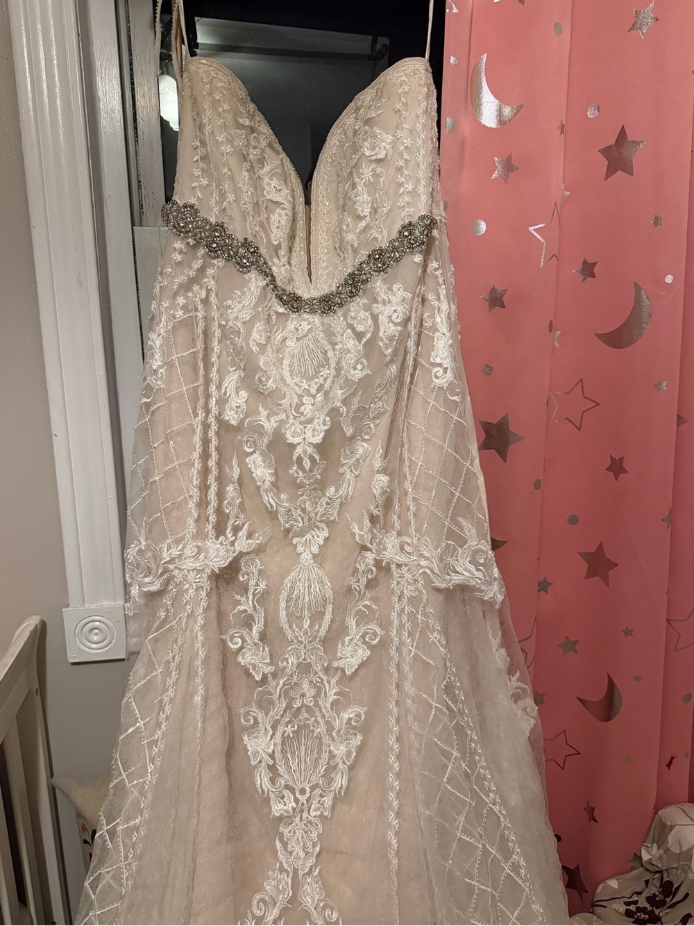 David's Bridal Champagne Lace Ball Gown with Beaded Waist